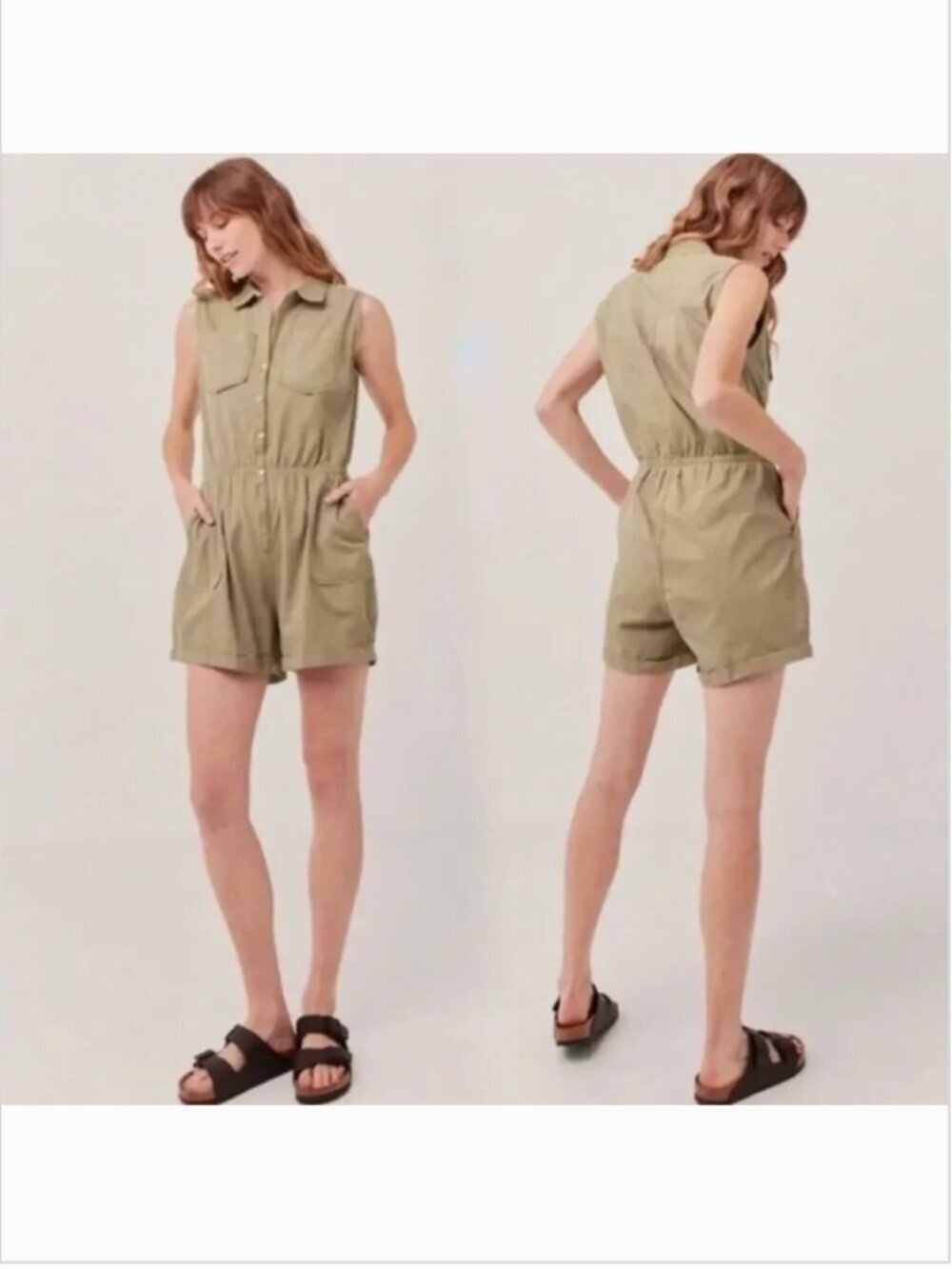 Pact Organic Cotton Romper XL Tan Khaki Sleeveless Button Front Utility Safari